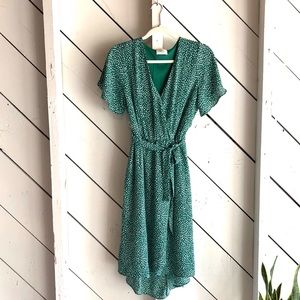 Polka Dot Faux Wrap Swing Dress with Short Sleeves